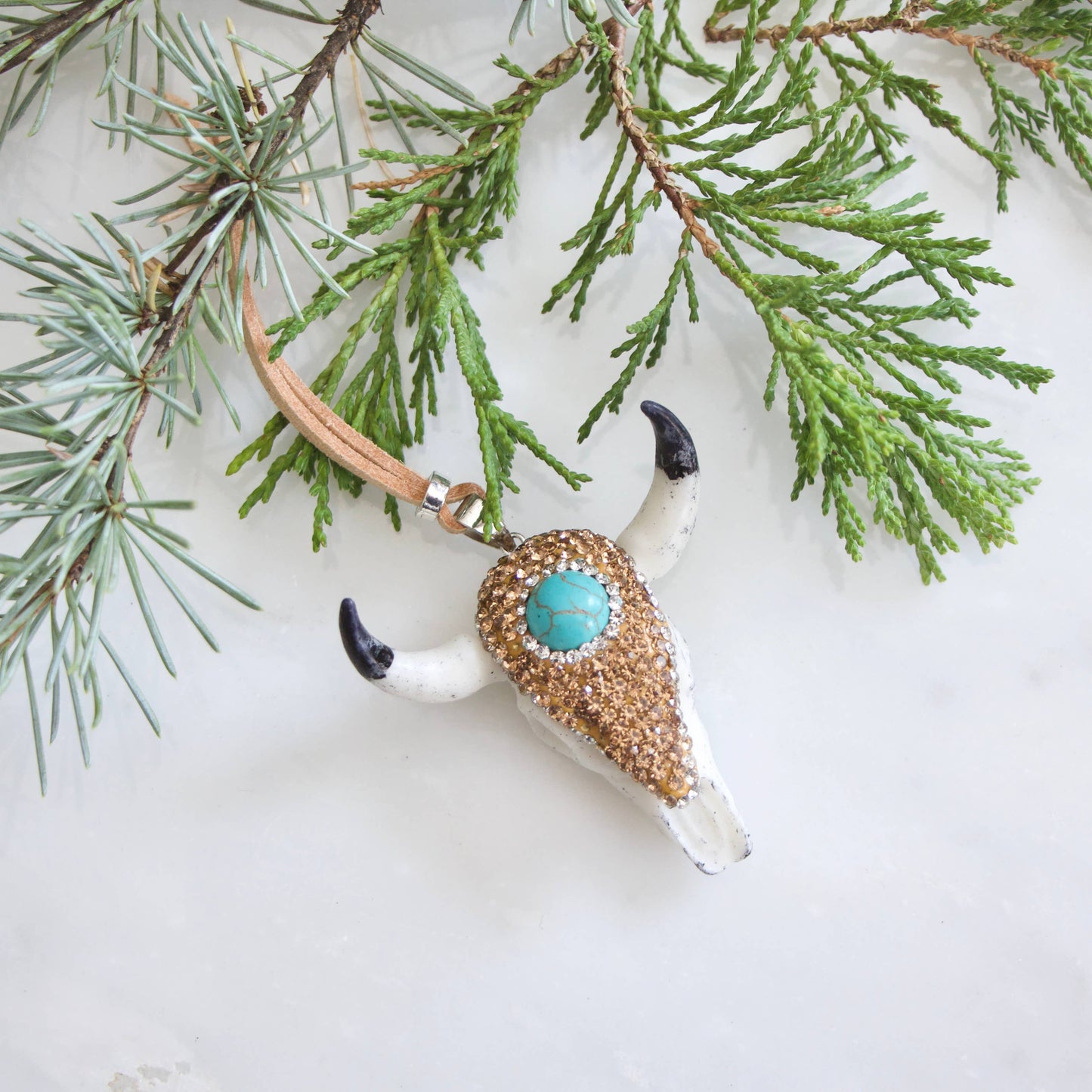 Turquoise + Pave Crystals Skull and Suede Ornament