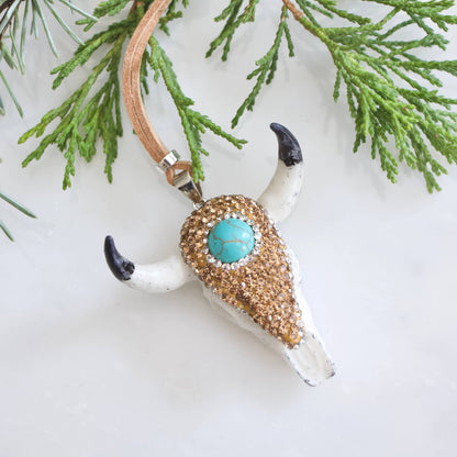 Turquoise + Pave Crystals Skull and Suede Ornament