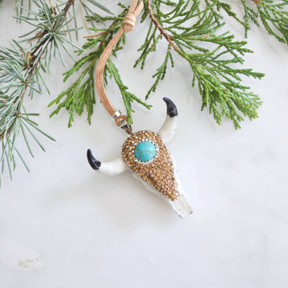 Turquoise + Pave Crystals Skull and Suede Ornament