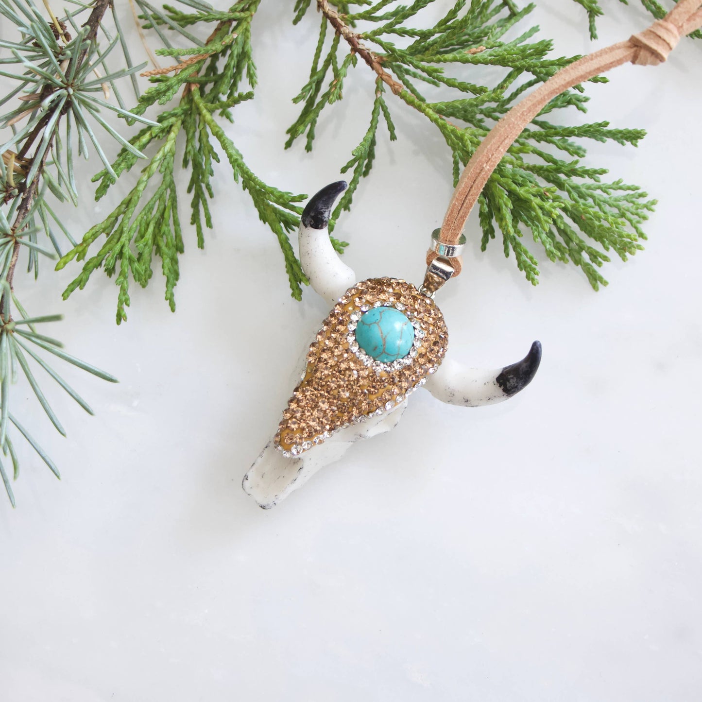 Turquoise + Pave Crystals Skull and Suede Ornament